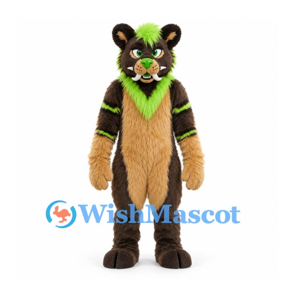 Panther Mascot Costume in Brown with Lime Green Hair and Stripes