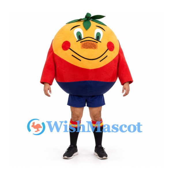 Orange Mascot Costume with Red Shirt and Navy Shorts