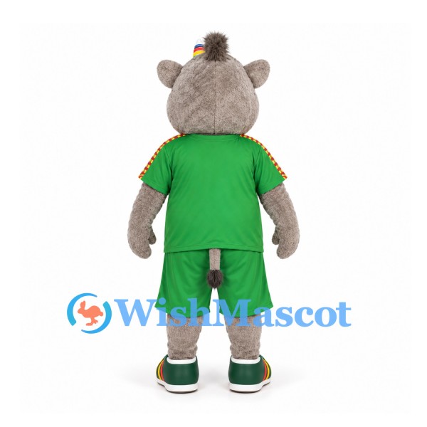 Rhino Mascot Costume with Green Sports Uniform and Rainbow Horn