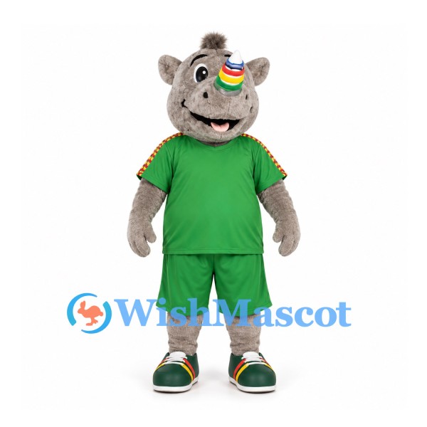 Rhino Mascot Costume with Green Sports Uniform and Rainbow Horn