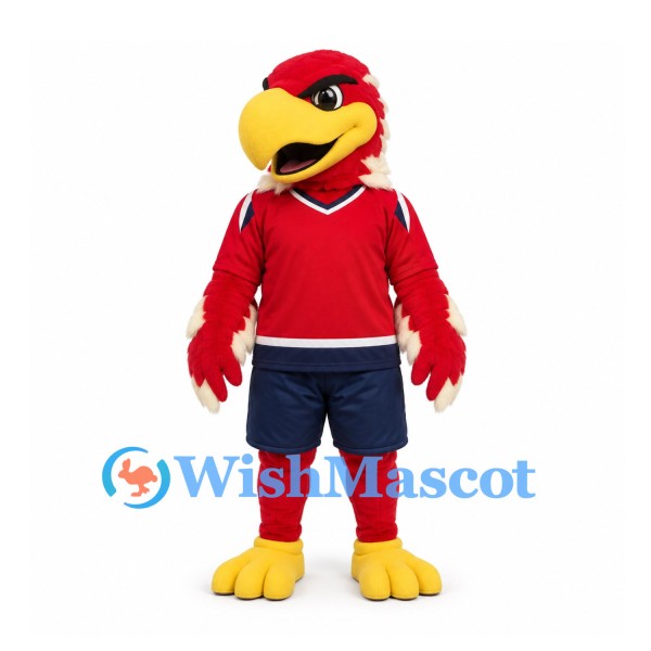 Eagle Mascot Costume in Red with Red Sports Shirt and Navy Shorts