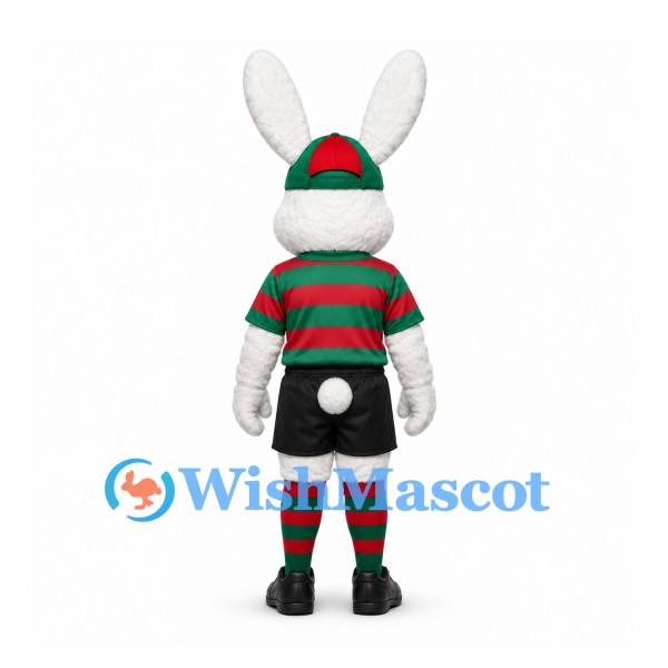 Rabbit Mascot Costume with Red Green Striped Soccer Shirt