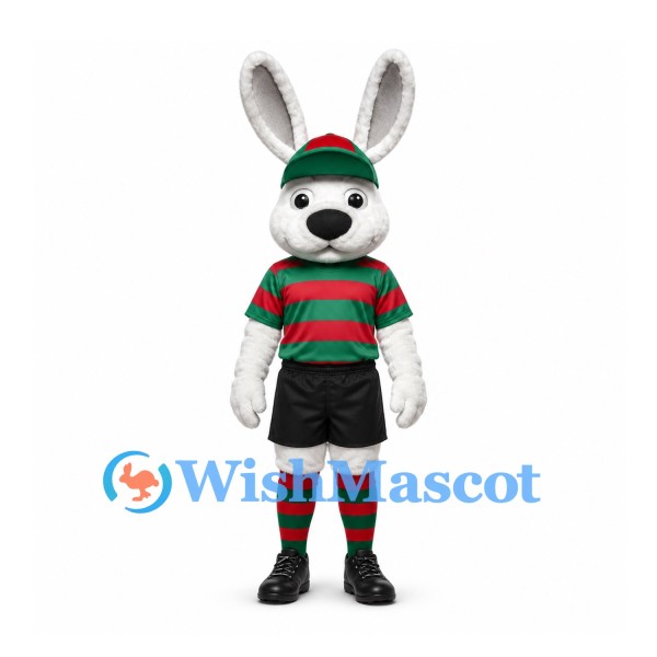 Rabbit Mascot Costume with Red Green Striped Soccer Shirt
