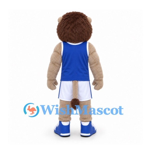 Lion Mascot Costume with Blue Basketball Shirt and White Shorts