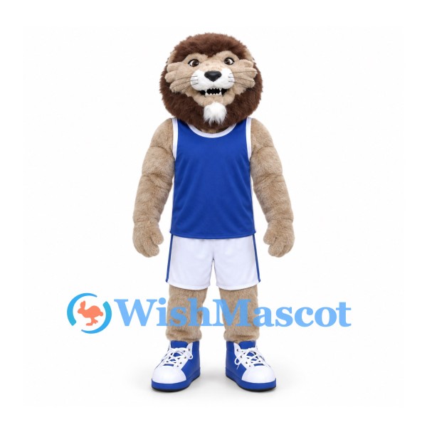 Lion Mascot Costume with Blue Basketball Shirt and White Shorts
