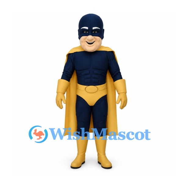 Superhero Mascot Costume with Navy Suit and Yellow Cape