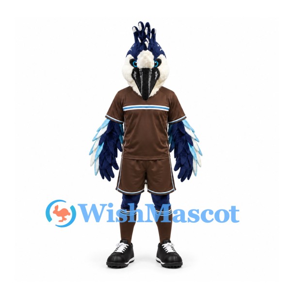 Blue Jay Mascot Costume with Brown Sports Shirt and Feathered Wings