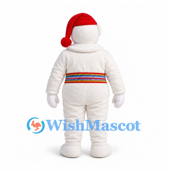 Snowman Mascot Costume with Red Cap and Multicolored Waist Scarf