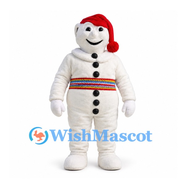 Snowman Mascot Costume with Red Cap and Multicolored Waist Scarf