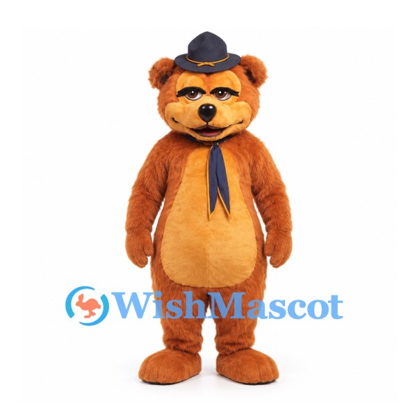 Bear Mascot Costume in Orange with Black Bowler Hat and Scarf