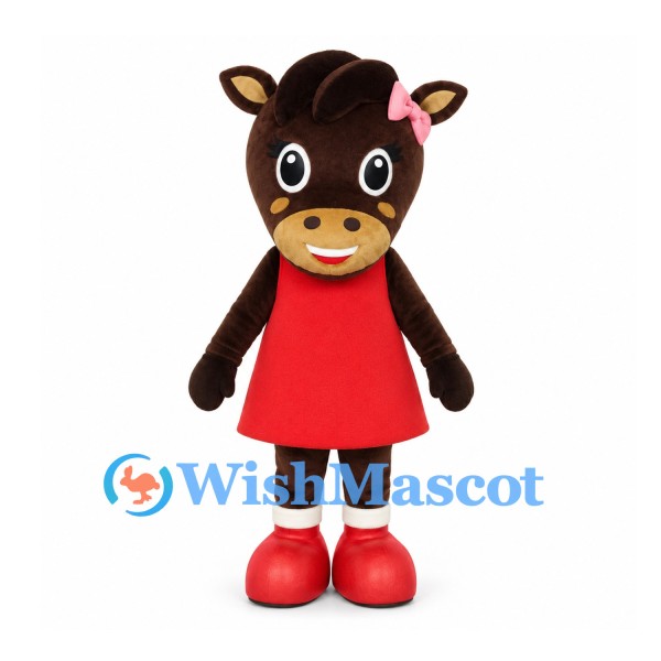 Cow Mascot Costume in Brown with Red Dress and Pink Bows