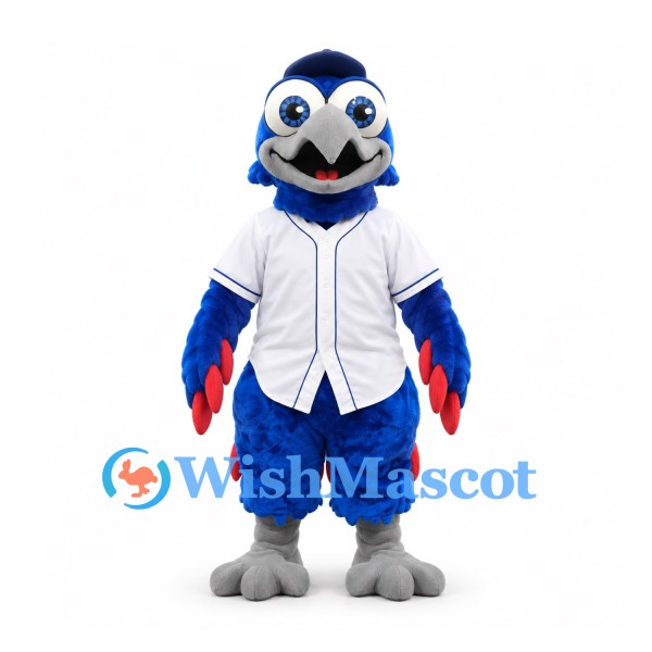 Bird Mascot Costume in Blue with White Baseball Shirt