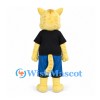 Cat Mascot Costume in Yellow with Black Shirt and Blue Shorts