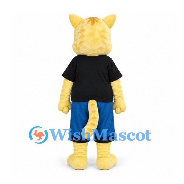 Cat Mascot Costume in Yellow with Black Shirt and Blue Shorts
