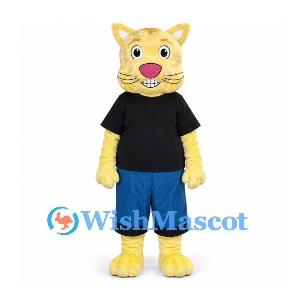Cat Mascot Costume in Yellow with Black Shirt and Blue Shorts