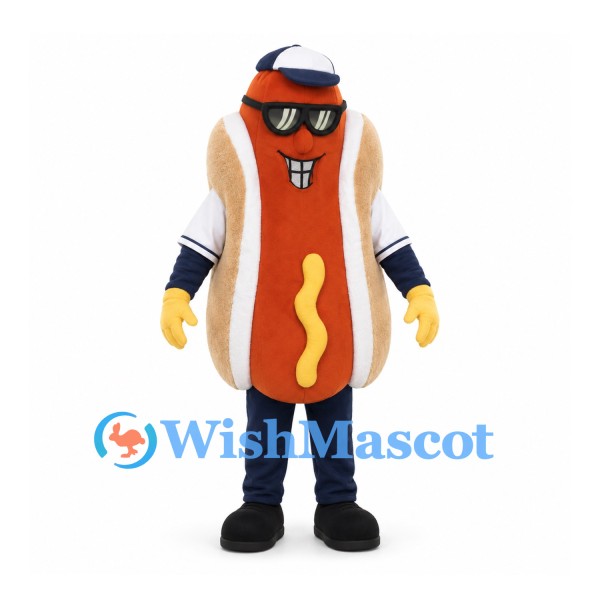 Hot Dog Mascot Costume with Sunglasses and Baseball Uniform