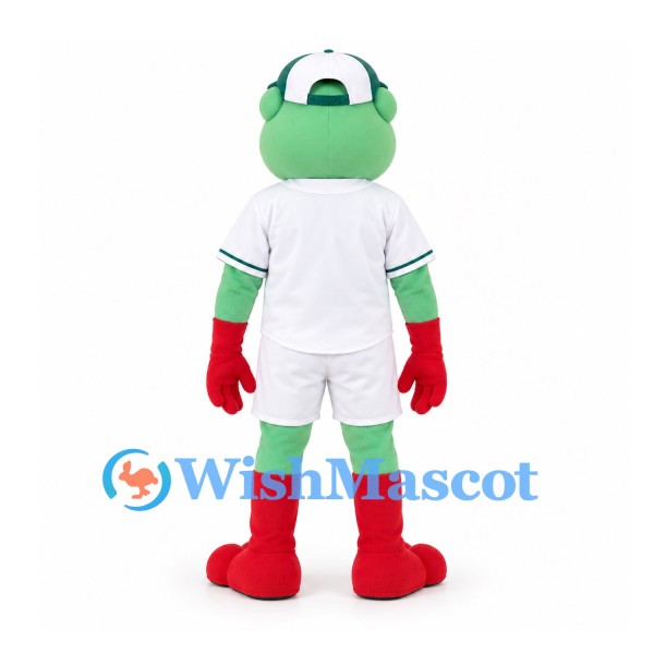 Frog Mascot Costume with White Baseball Uniform and Green Cap