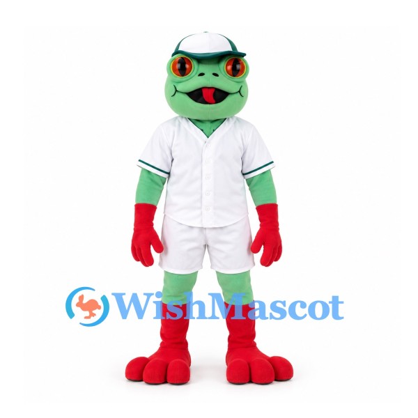 Frog Mascot Costume with White Baseball Uniform and Green Cap