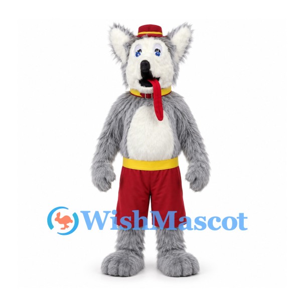 Wolf Mascot Costume in Gray with White Shirt and Red Shorts