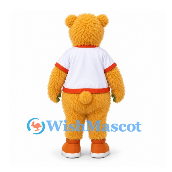 Bear Mascot Costume in Gold with White Red Baseball Shirt