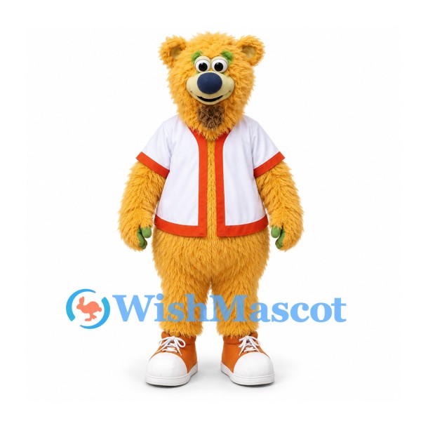 Bear Mascot Costume in Gold with White Red Baseball Shirt