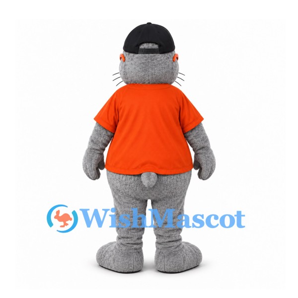 Cat Mascot Costume in Gray with Orange Shirt and Sunglasses