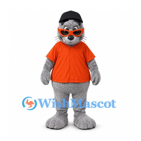 Cat Mascot Costume in Gray with Orange Shirt and Sunglasses