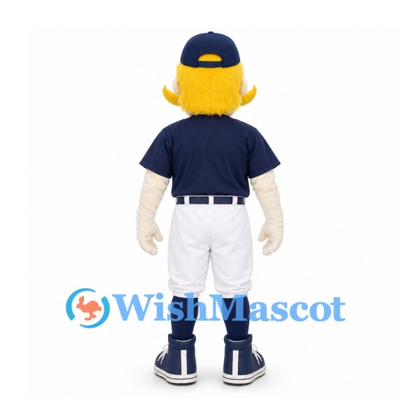 Duck Mascot Costume with Yellow Mustache and Navy Baseball Shirt