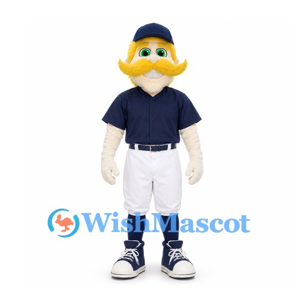 Duck Mascot Costume with Yellow Mustache and Navy Baseball Shirt