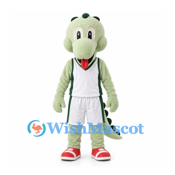 Dinosaur Mascot Costume in Pale Green with White Basketball Uniform