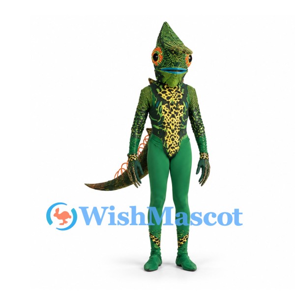 Lizard Mascot Costume in Green with Patterned Chest and Long Tail