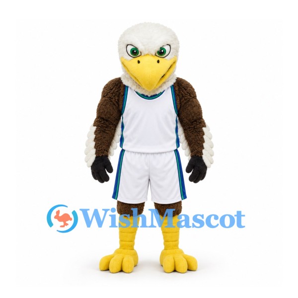 Eagle Mascot Costume with White Basketball Uniform and Blue Trim