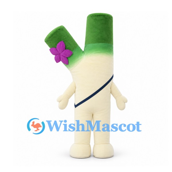 Leek Mascot Costume in Cream and Green with Purple Flower