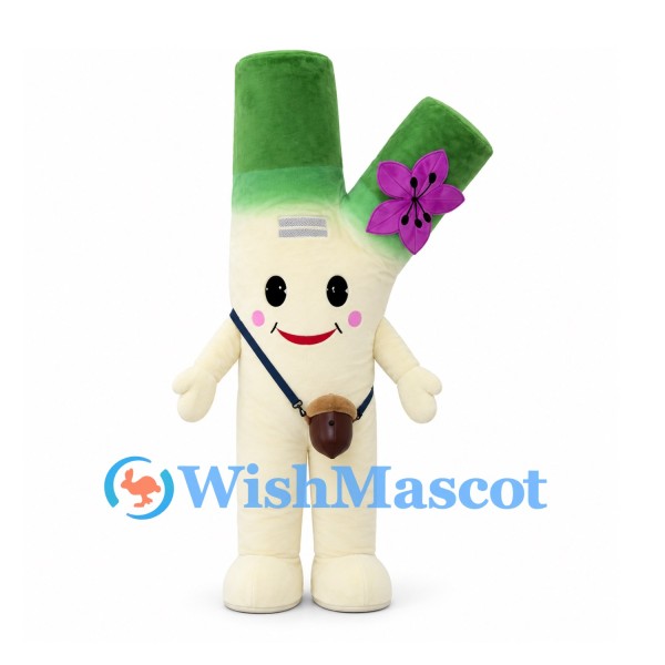 Leek Mascot Costume in Cream and Green with Purple Flower