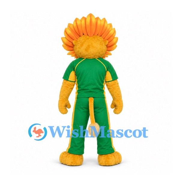 Lion Mascot Costume with Orange Sun Mane and Green Sports Uniform