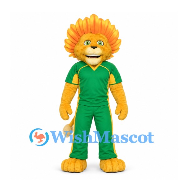 Lion Mascot Costume with Orange Sun Mane and Green Sports Uniform