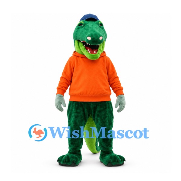 Crocodile Mascot Costume with Orange Hoodie and Blue Cap