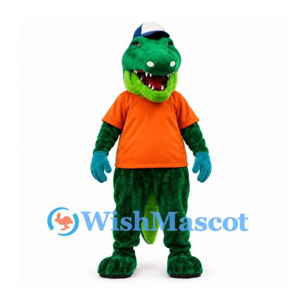 Crocodile Mascot Costume with Orange Shirt and White Blue Cap