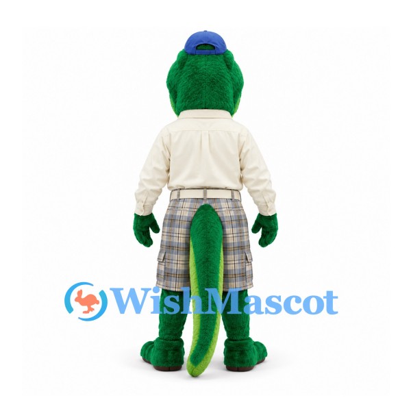 Crocodile Mascot Costume with Cream Shirt and Plaid Golf Shorts
