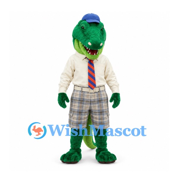 Crocodile Mascot Costume with Cream Shirt and Plaid Golf Shorts