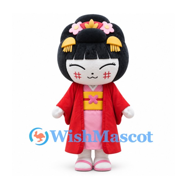 Girl Mascot Costume with Floral Hairpiece and Red Kimono