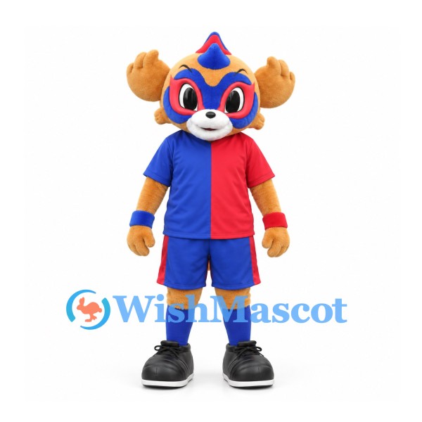 Monkey Mascot Costume with Red Blue Sports Outfit and Eye Mask