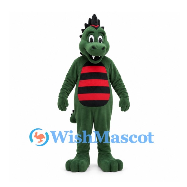 Dragon Mascot Costume in Dark Green with Red Black Striped Belly