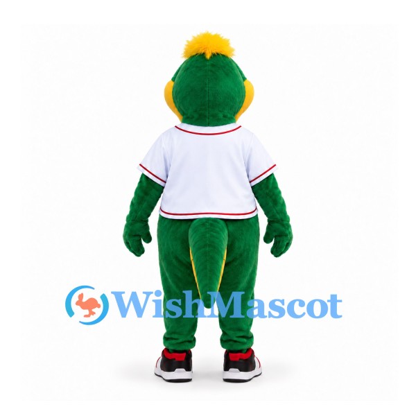 Dinosaur Mascot Costume in Green with Yellow Belly and White Baseball Shirt