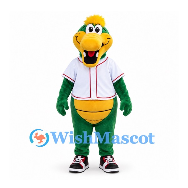 Dinosaur Mascot Costume in Green with Yellow Belly and White Baseball Shirt
