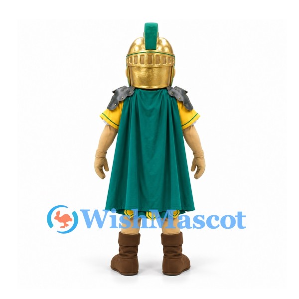 Warrior Mascot Costume with Gold Armor and Green Cape