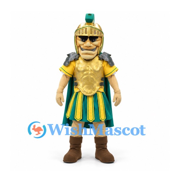 Warrior Mascot Costume with Gold Armor and Green Cape