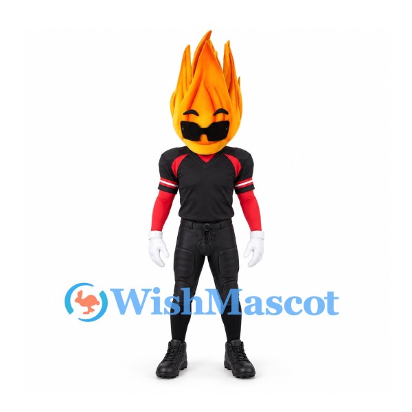 Flame Mascot Costume with Orange Head and Black Sports Uniform