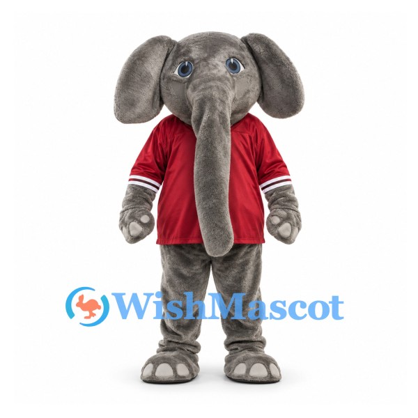 Elephant Mascot Costume in Gray with Burgundy Sports Shirt