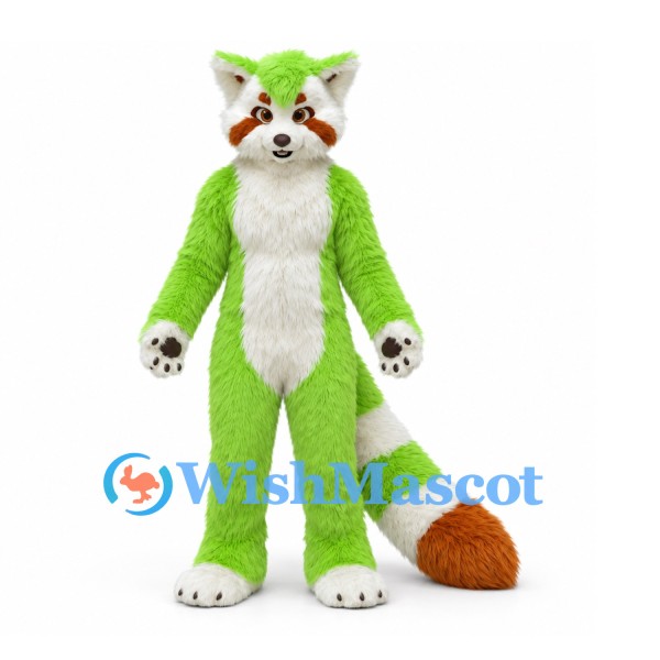 Red Panda Mascot Costume in Green with White Chest and Ringed Tail